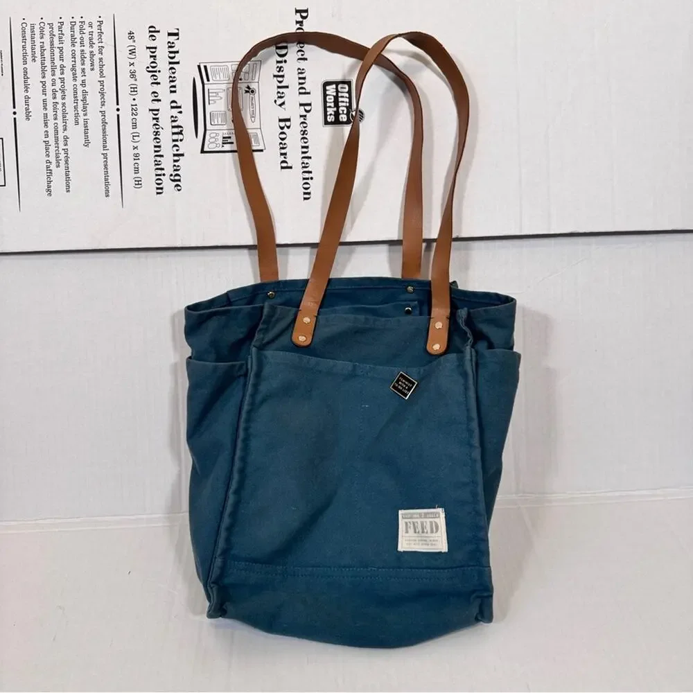 Feed America Teal Blue Canvas Tote Bag Handbag Womens Feminist Pin